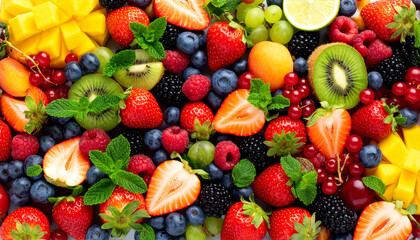 Colorful Assortment of Fresh Fruits and berries with mint, healthy vegan food