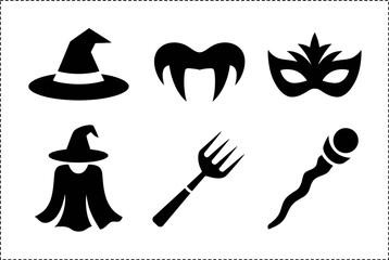 Witch hat mask cloak fork magic wand silhouette collection, Halloween party costume vector set, unique creative design