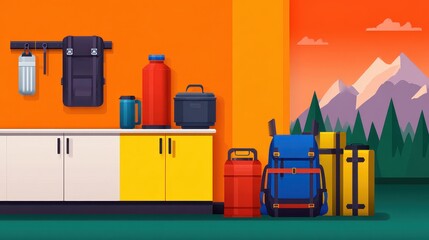 Naklejka premium Colorful camping gear and kitchen items arranged in a cozy cabin with a mountain view