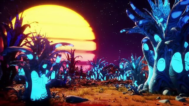 Alien Sunset with Glowing Flora.