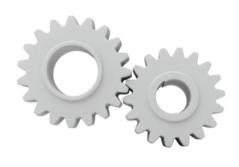 Two interlocking white gears symbolizing teamwork and mechanical connection, isolated on a transparent background