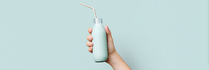 Hand holding a bottle of milk with straw on light pastel solid background, super realistic cinematic style with dramatic lighting and neutral colors, healthy drink concept.
