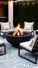 Modern outdoor fire pit with cozy cushioned chairs arranged in a stylish circle on white decorative stones, creating a warm and inviting atmosphere for evening gatherings and relaxation