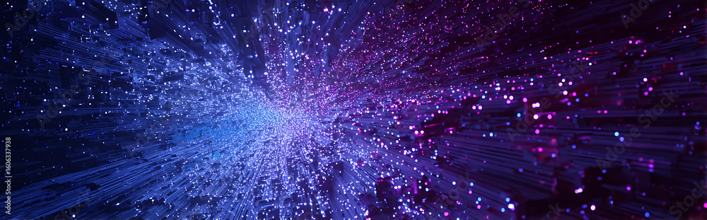 Wall mural vibrant blue-purple gradient particle flows forming an endless tunnel with glowing circuit patterns,