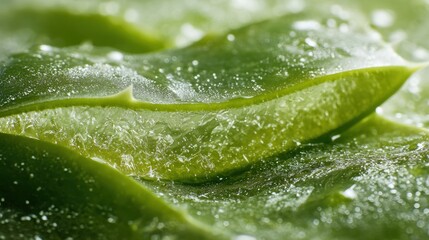 Close Up Macro Shot of Aloe Vera Plant Leaf Showing Gel Inside and Water Droplets
