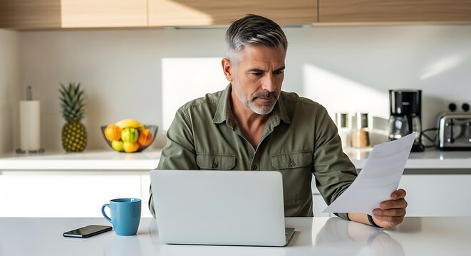 Middle aged man working on laptop and reviewing documents at home