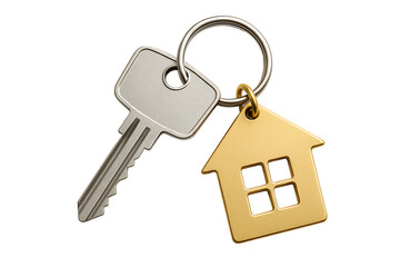 Silver House Key with Gold Home Shaped Keychain Isolated on Transparent Background for Property Ownership and Security