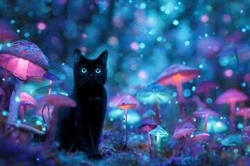 A small black cat with green eyes sits in a field of glowing mushrooms, illuminated by bright blue and pink bioluminescence, the backdrop of a lush forest and fog creates a magical atmosphere