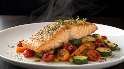 A perfectly cooked salmon fillet served with a medley of roasted vegetables