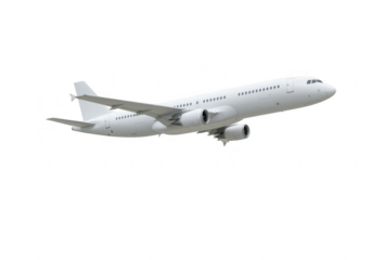 A modern white passenger airplane in midflight against a clear sky isolated on transparent background