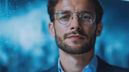 Confident businessman wearing glasses using a smartphone against a digital blue background with abstract data elements. Concept of mobile communication, technology and modern business
 - Powered by Adobe