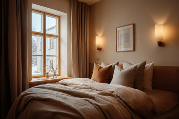 Hotel room showing neatly made bed with multiple pillows arranged against headboard, sunlight streaming through window, wall lamps illuminating space, framed artwork hanging above bed