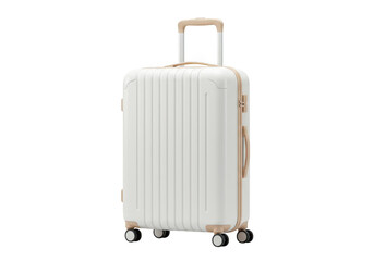 Fototapeta premium A stylish white rolling suitcase with beige accents, isolated on a clean transparent background for travel