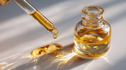 Essential oil essence dripping from a dropper into a small glass bottle with golden liquid under soft sunlight creating shadows
