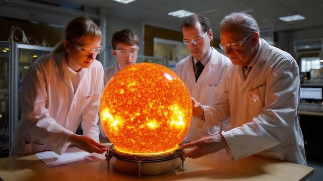 Solar Study Team: A dedicated team of scientists, clad in lab coats, huddle intently around a brilliant, illuminated sphere resembling the sun, exemplifying scientific exploration and collaboration.