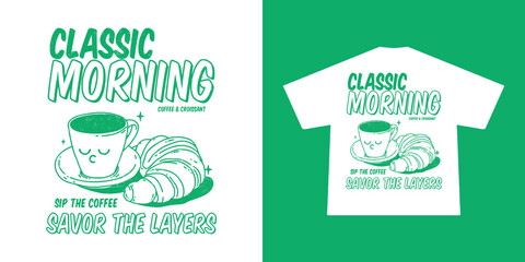 Stylish retro T-shirt design featuring a hand-drawn croissant illustration with classic vintage typography.