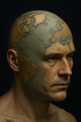 Surreal Portrait of a Man with a World Map Embedded on His Head – Hyper-Realistic Conceptual Art

