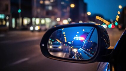 A police cars flashing lights are reflected in a cars side mirror during a nighttime pursuit through the city