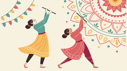 Navratri celebration vector with dancing women in traditional attire, dandiya sticks, and vibrant Indian decor




