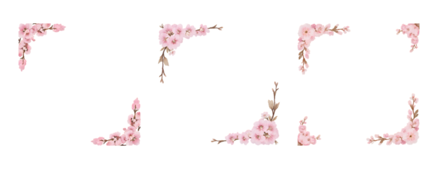 Collection of delicate pink floral corner decorations on a black background