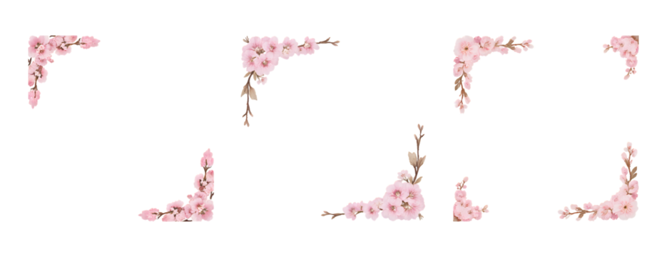 Collection of delicate pink floral corner decorations on a black background