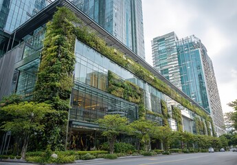 Modern Office Building with Glass Walls and Vertical Gardens Highlighting Sustainable Urban Architecture