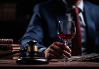 Lawyer in Dark Blue Suit with Red Tie Holding Wine Glass at Desk with Gavel and Books