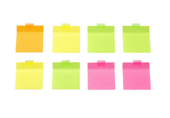 A collection of eight colorful sticky notes in orange, yellow, green, and pink, taped and isolated on a transparent background