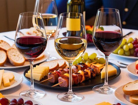 Elegant table setting with glasses of red and white wine, assorted cheeses, bread slices, grapes, and skewers, symbolizing fine dining, celebration, and gourmet food pairing experiences