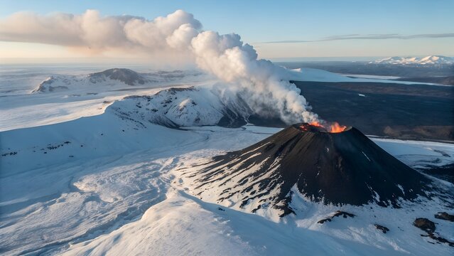 A snowy volcano erupts with bright lava and white smoke rising into the sky. - Powered by Adobe