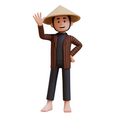 3D indonesia javanese farmer waves hand say hello