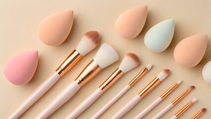 Pastel makeup brushes and sponges on beige background