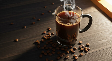 Freshly brewed coffee in a french press steams on a wooden table surrounded by coffee beans