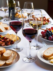 Naklejka premium Elegant table setting with glasses of red and white wine, assorted cheeses, bread slices, grapes, and skewers, symbolizing fine dining, celebration, and gourmet food pairing experiences