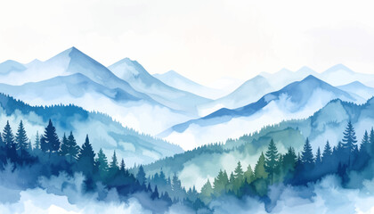 Misty mountain landscape in watercolor. Blue mountain scene with trees. Tranquil watercolor misty mountain view. Peaceful forest and mountain watercolor. Watercolor painting of blue misty mountains.