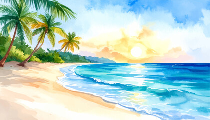 Obraz premium Beach paradise at sunset with vibrant colors. Beautiful horizon view of ocean waves at dusk. Tropical shore with sunset and calm waves. Sunset reflection on the tranquil beach waters