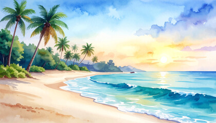 Clear ocean waves and palm trees at sunset. Serene tropical sunset over the ocean and shore. Sunsetting over the beach with tropical vibes. Golden beach sunset with gentle ocean waves