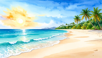 Fototapeta premium Sunset beach view with clear ocean and blue sky. Calm waves hitting the sandy beach at sunset. Golden hour on a tropical beach with palm trees. Tranquil seascape with sunset and tropical foliage