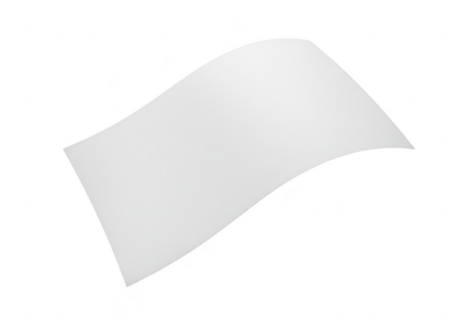 A single, slightly curved white sheet of paper floating and isolated against a pure transparent background