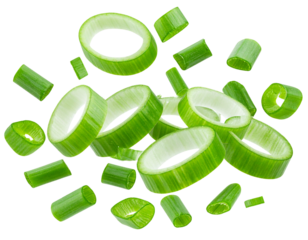Dynamic Scatter of Fresh Green Onion Slices and Chives, Transparent Background