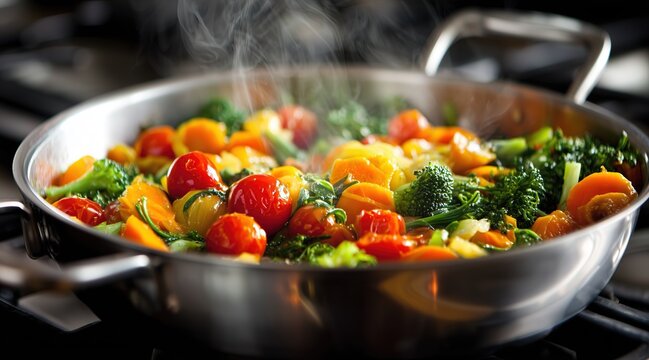 Stir-Fried Vegetables in Stainless Steel Pot on Stove with Rising Smoke and Vibrant Colorful Veggies - Powered by Adobe