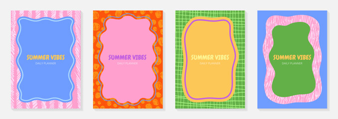 Daily planner cover templates. Summer vibes vibrant colors modern patterns. Background design for stationary, covers, banner, notebook. Vector illustration.