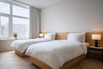 Modern hotel room featuring two neatly made single beds with linens, bedside tables with lamps, large window allowing natural light, minimalistic decor emphasizing cleanliness