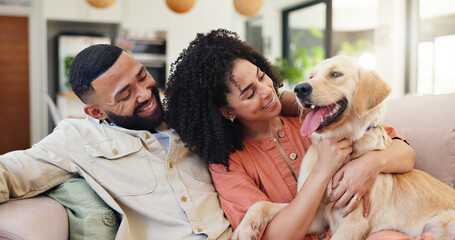 Couple, dog and happy on couch, hug and bonding with care, connection and stroke in living room. People, woman and man with pet, golden retriever or relax for cuddle on sofa in lounge at apartment