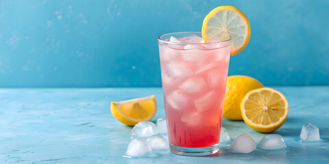 Pink Lemonade with Ice and Lemon Slices on Blue Background