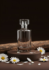 Clear perfume bottle on a brown podium, surrounded by flowers and wood