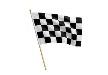 A checkered racing flag on a wooden pole, waving against a transparent background