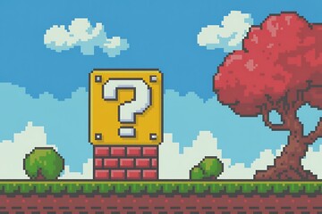 Yellow question mark block with red tree and green bushes pixel game
