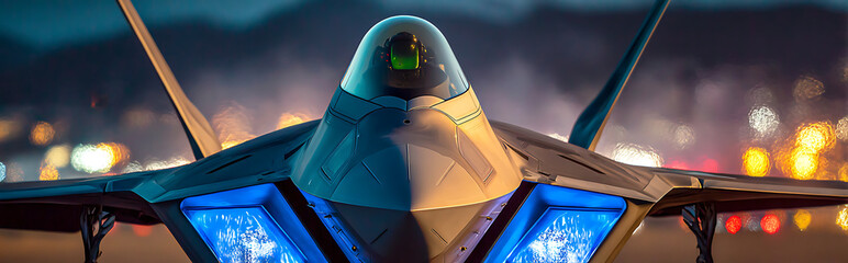 Advanced sixth-generation stealth fighter jet with diamond-shaped electronic warfare pod emitting blue electromagnetic pulses, futuristic canopy reflecting urban city lights at dusk, hazy atmospheric 