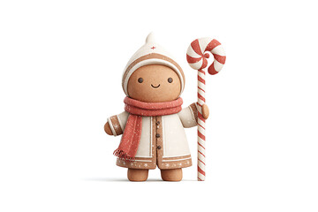 3D animated gingerbread wizard holding peppermint staff casting snow magic, isolated on white background in simple style with transparent PNG format, no shadows or effects.